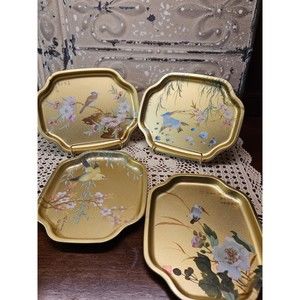4 Elegant Vintage Elite Tin Handheld Snack Trays Flowers & Birds Made In England